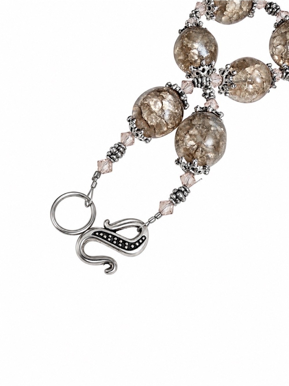 Handmade Statement Smoky Taupe Crackle & Dainty Pink Beaded Necklace - Picture 4 of 5